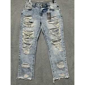 Flamingo Jeans Flamingals Straight Leg Distressed Acid Wash Thrashed Sz M 32X28